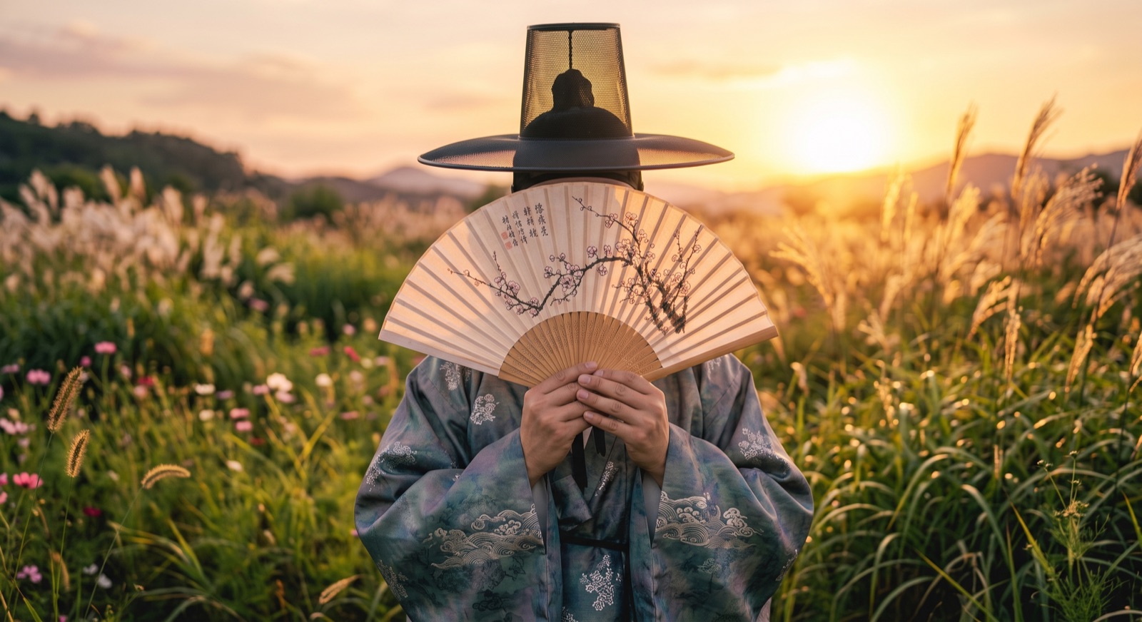 夕暮れのすすき野原で扇を広げる韓服姿の人