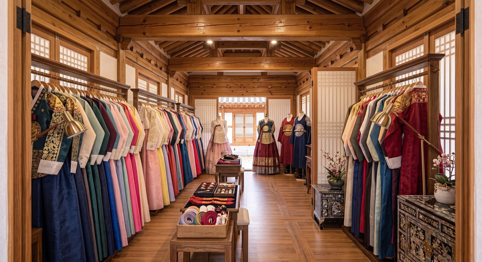 色とりどりの韓服が並ぶ韓屋の店内