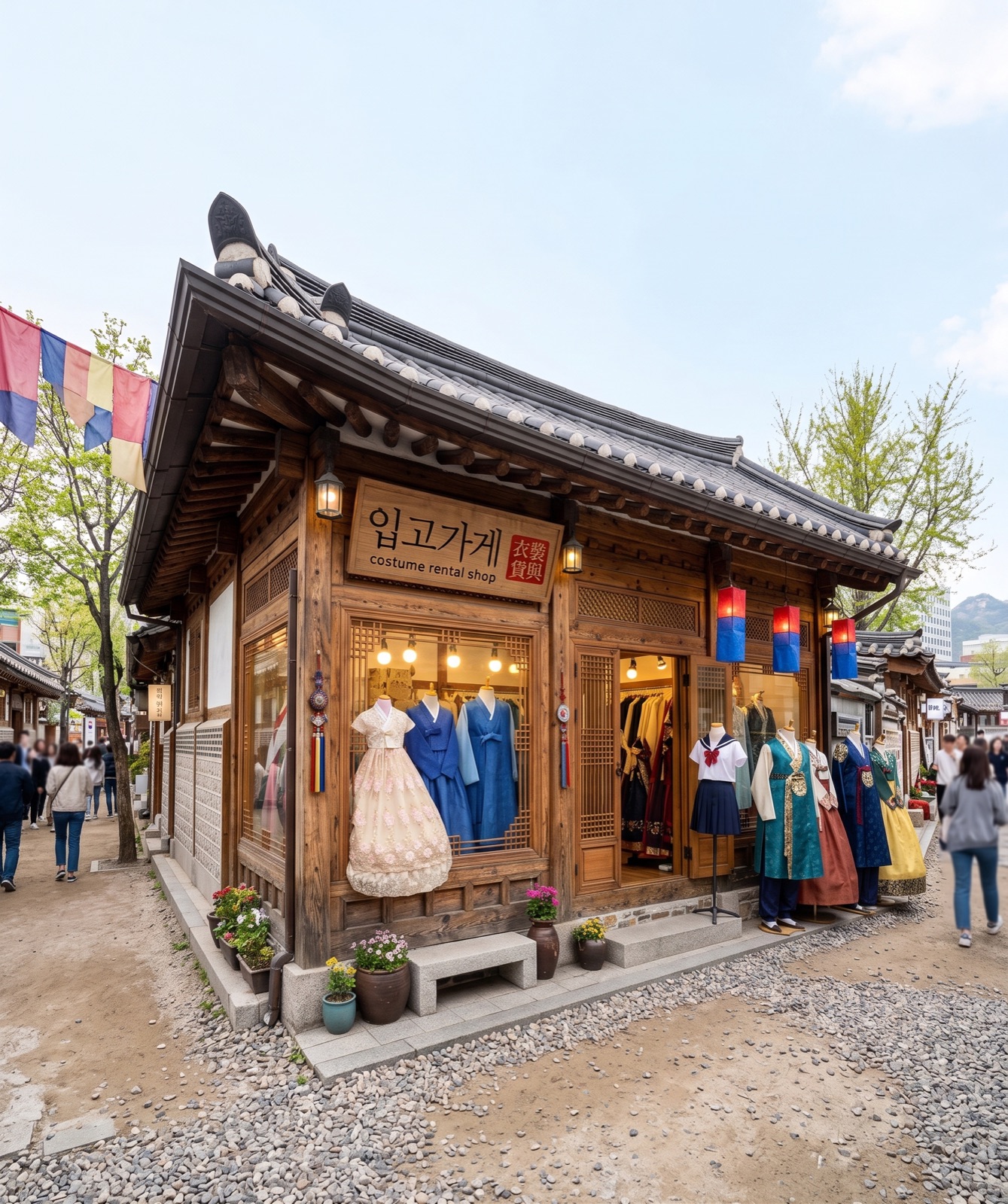 韓服レンタル店が入る韓屋の街角と行き交う観光客