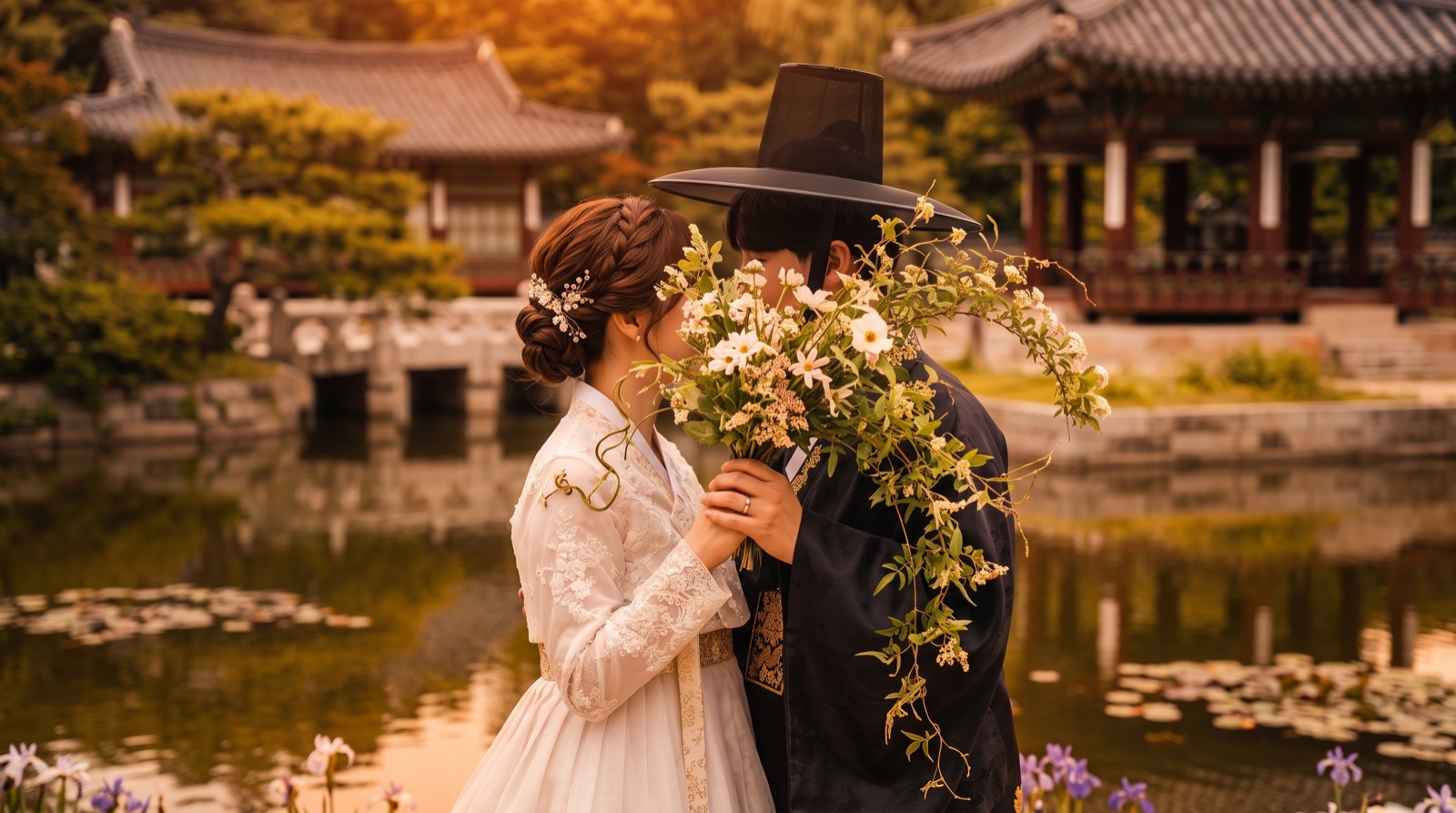 蓮池のほとりで花束を持つ伝統衣装のふたり